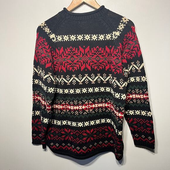 VTG Eddie Bauer Sweater Navy Red Nordic Fair Isle Cotton Chunky Pullover Knit XS - Picture 5 of 7